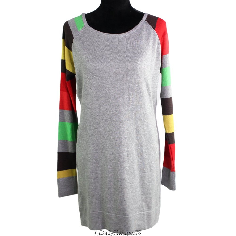 Meaneor Women's Gray Colorful Stripe Knit Cotton Blend Long Sleeve Sweater Tunic